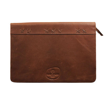 Brown leather pouch with stitching details on a white background