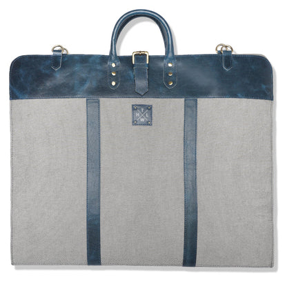 Gray garment bag with blue accents on a white background