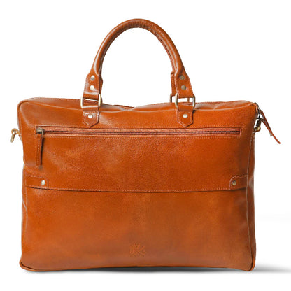 Brown leather bag with handles on a white background
