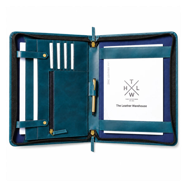 Open teal leather laptop folder organizer with card slots, pen holder, document pockets, and zipper closure