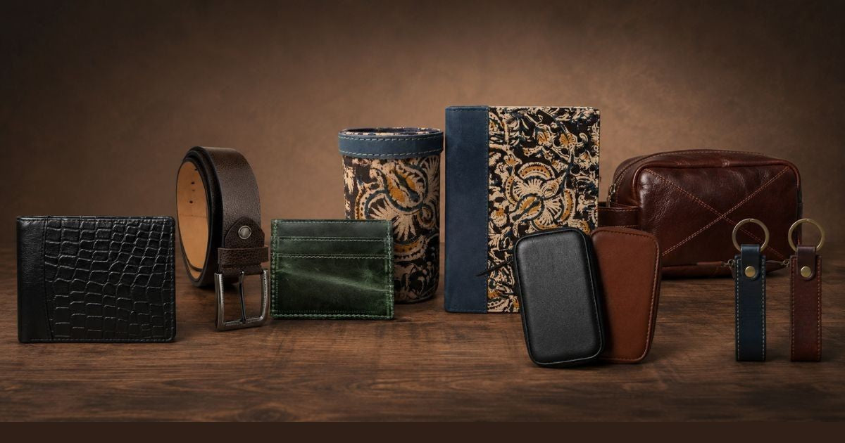 A collection of leather accessories displayed on a wooden surface against a warm brown background, including wallets, a belt, a cylindrical pouch, a patterned notebook cover, a brown leather case, and two keychains.