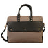 Brown and black handbag with gold accents on a white background