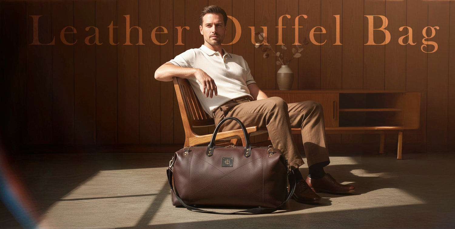 Man sitting with a leather duffel bag in a warm-toned room