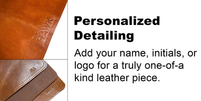 Brown leather product with personalized detailing text on a white background