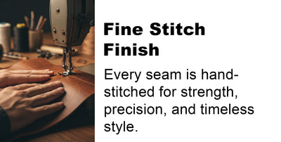 Sewing machine with hands working on a piece of fabric, text about hand-stitched seams.