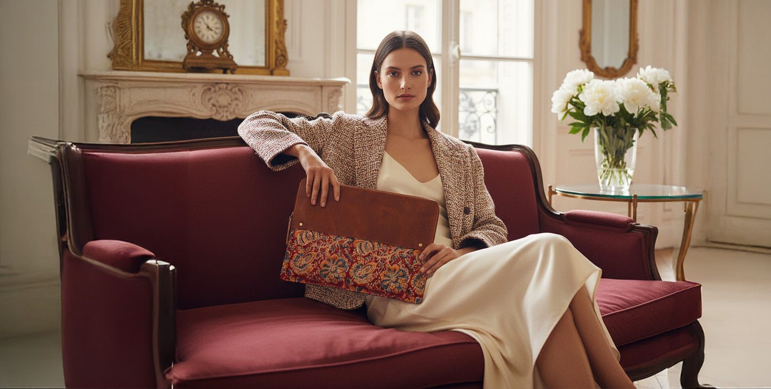 Woman sitting on a red sofa holding a patterned clutch in a stylish room.