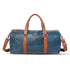 Blue duffel bag with brown leather straps on a white background