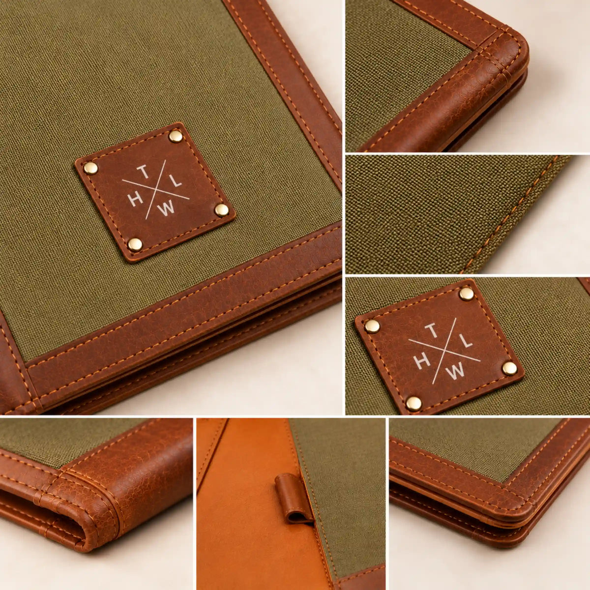 Close-up collage showing the olive canvas texture, brown leather trim, stitching, and logo patch