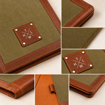 Close-up collage showing the olive canvas texture, brown leather trim, stitching, and logo patch