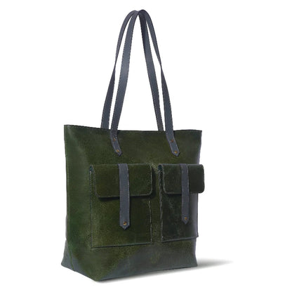 Green tote bag with black accents on a white background