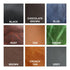 Color swatches with labels for black, chocolate brown, blue, rust, tan, green, brown, crunch tan, and grey.