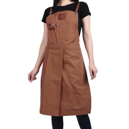 Brown apron worn by a person on a white background