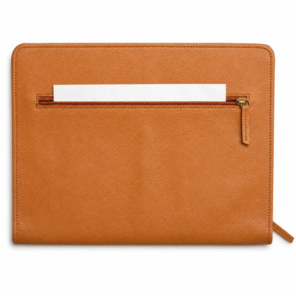 Back view of a tan leather portfolio featuring a horizontal zipper pocket