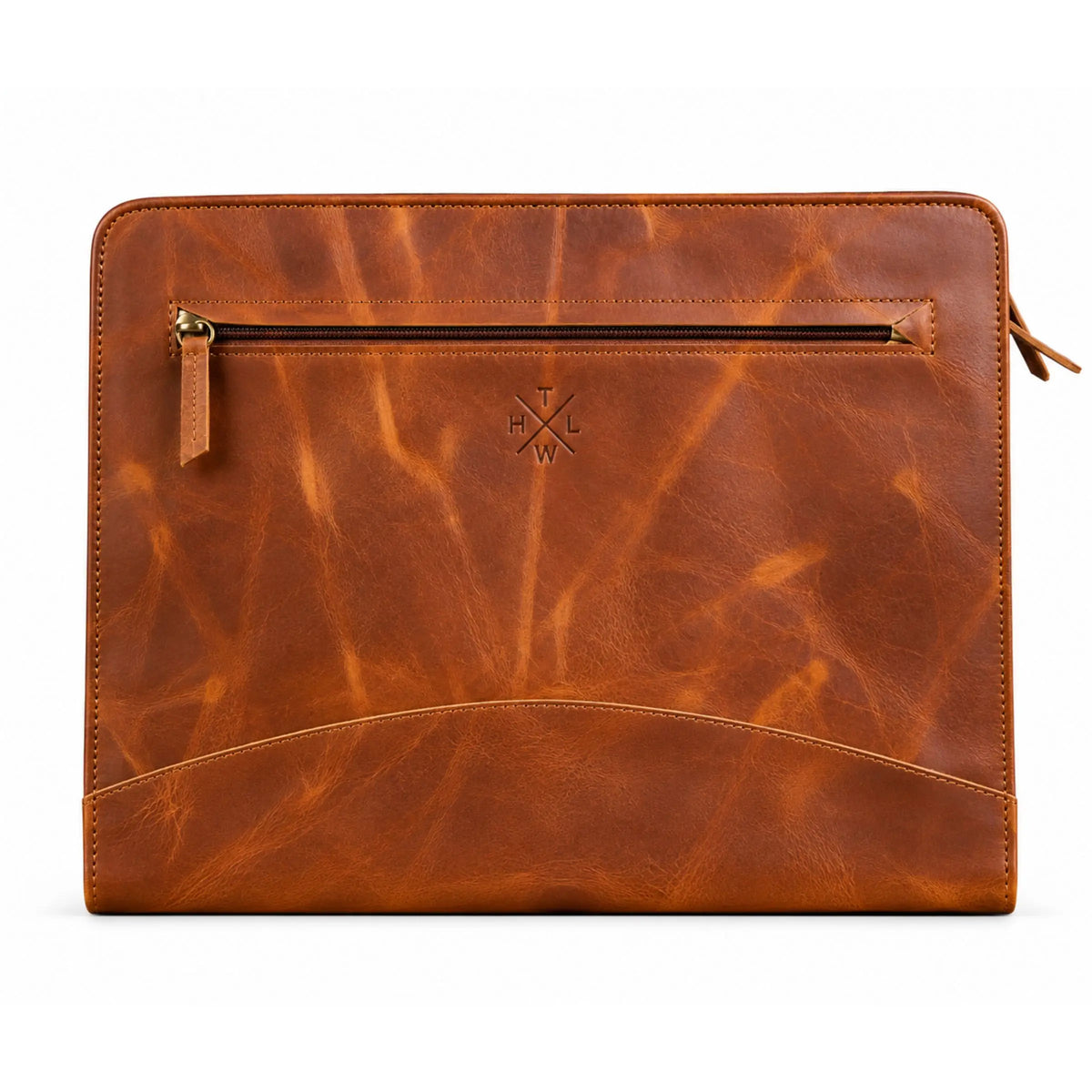 Tan leather portfolio folder with natural leather grain, zipper closure, and curved front pocket