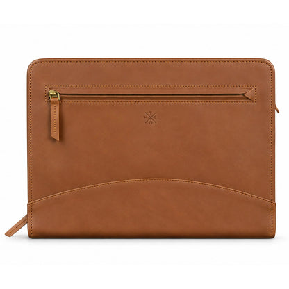 Tan leather portfolio folder with a front zipper pocket and smooth stitched leather finish