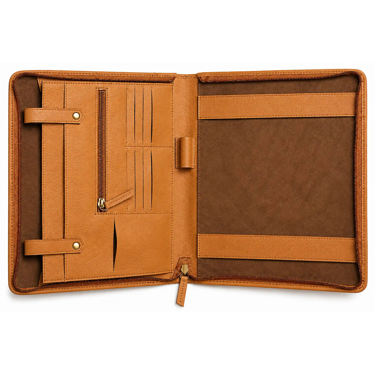 Open tan leather portfolio with document straps, card slots, zipper pocket, and pen holder