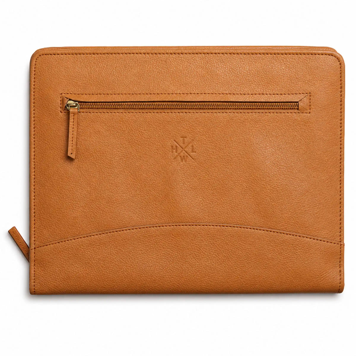 Front view of a tan leather portfolio with a zippered pocket and embossed logo
