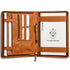 Open tan leather portfolio organizer with card slots, pen holder, zipper pocket, and document compartments