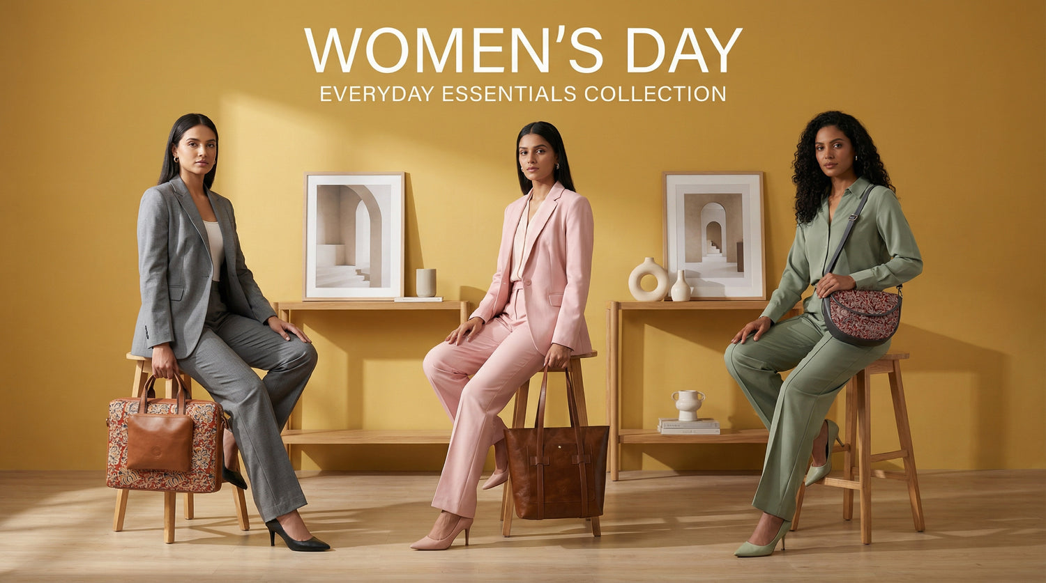 Three women in business attire sitting on stools with a yellow wall and decor in the background, promoting 'Women's Day Everyday Essentials Collection'.