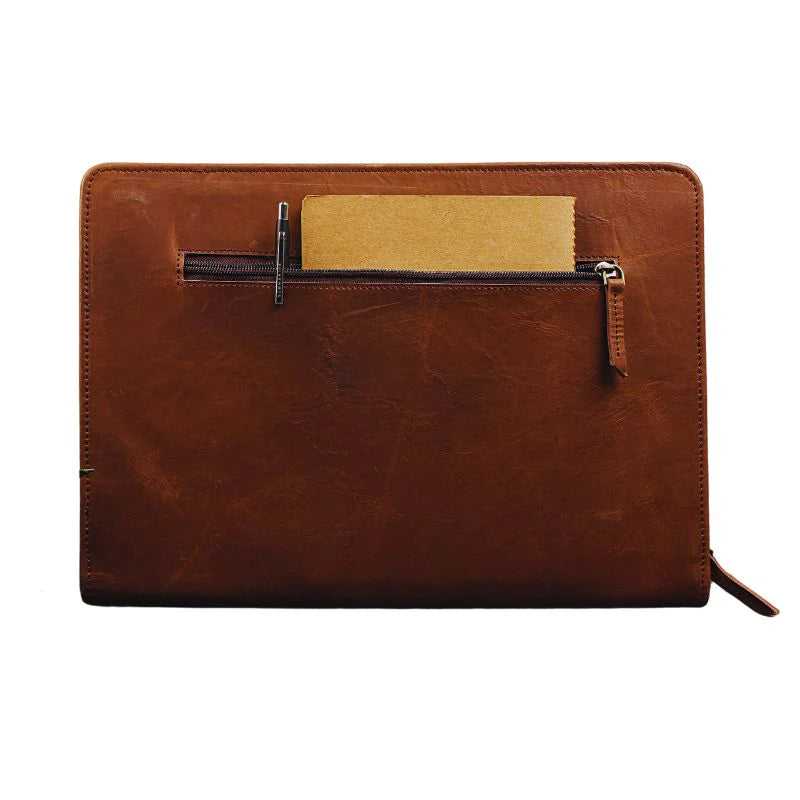 Brown leather pouch with a zipper on a white background