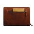 Brown leather pouch with a zipper on a white background