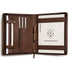 Brown leather tool roll with a brand label on a white background