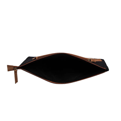 Black pouch with brown leather accents on a white background