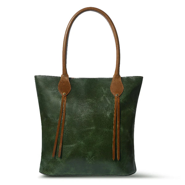Green tote bag with brown leather straps on a white background