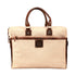Beige bag with brown leather accents on a white background
