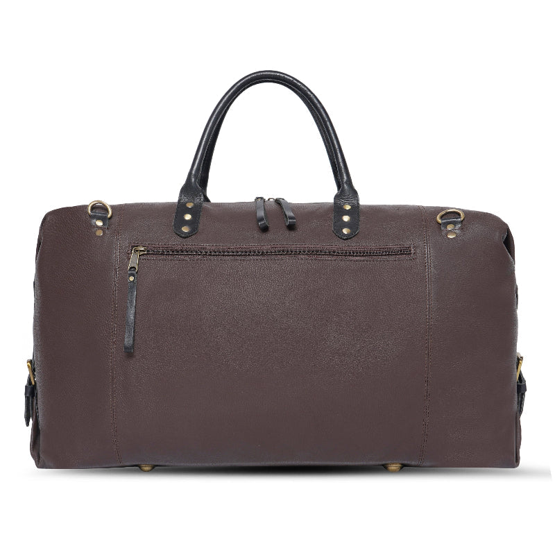 Brown duffel bag with black handles on a white background