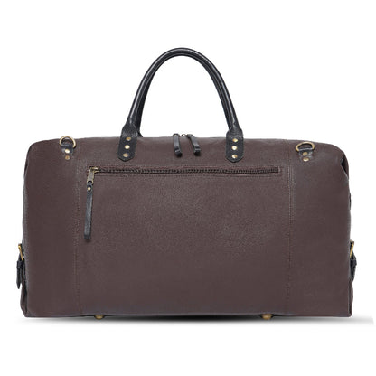 Brown duffel bag with black handles on a white background