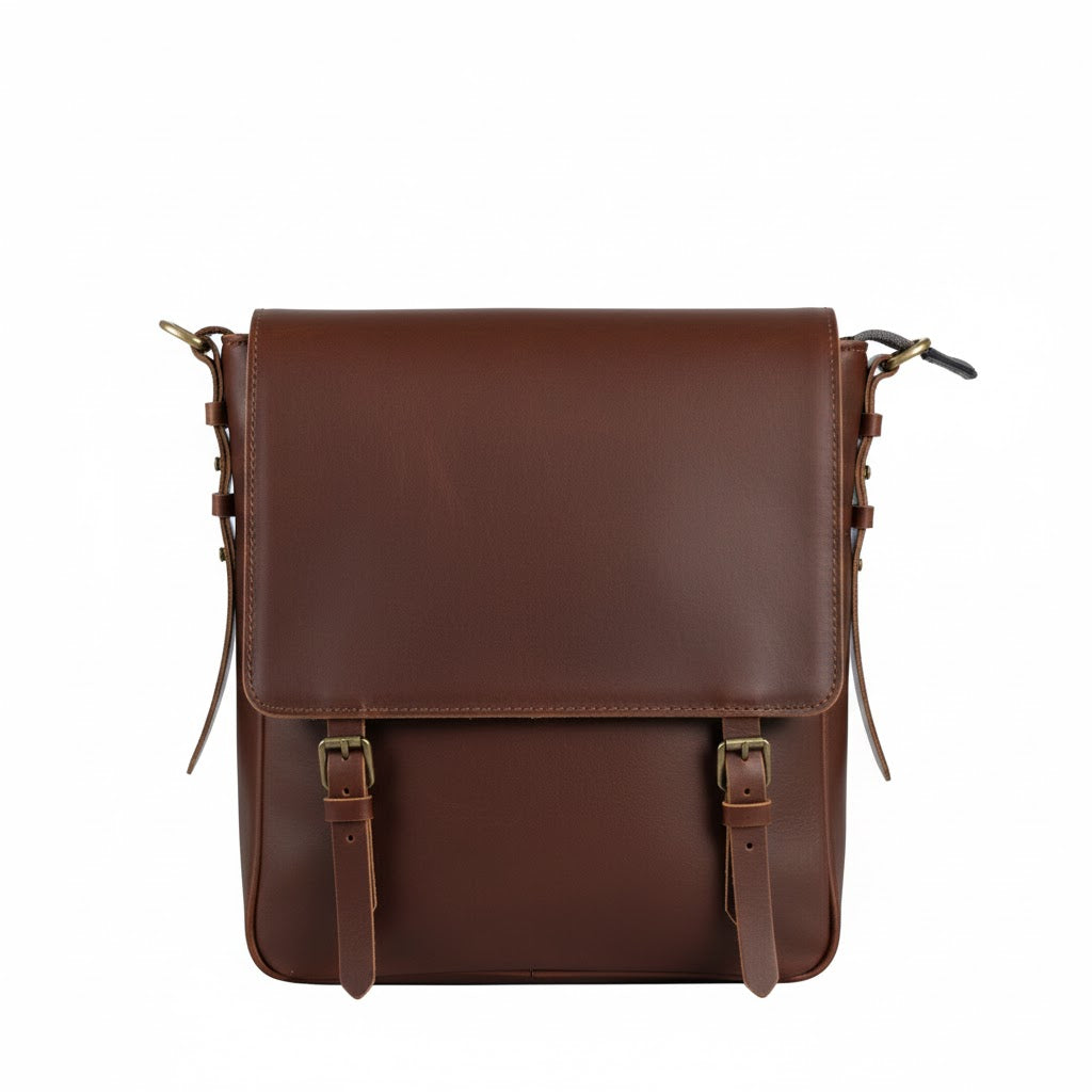 Brown leather satchel bag on a white background