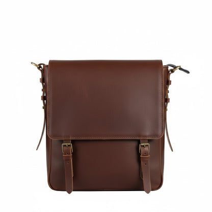 Brown leather satchel bag on a white background