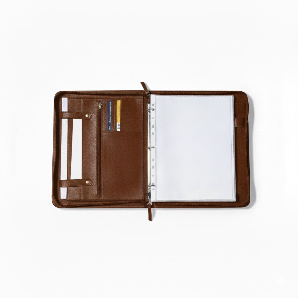 Brown leather portfolio with pen holder and paper on a white background