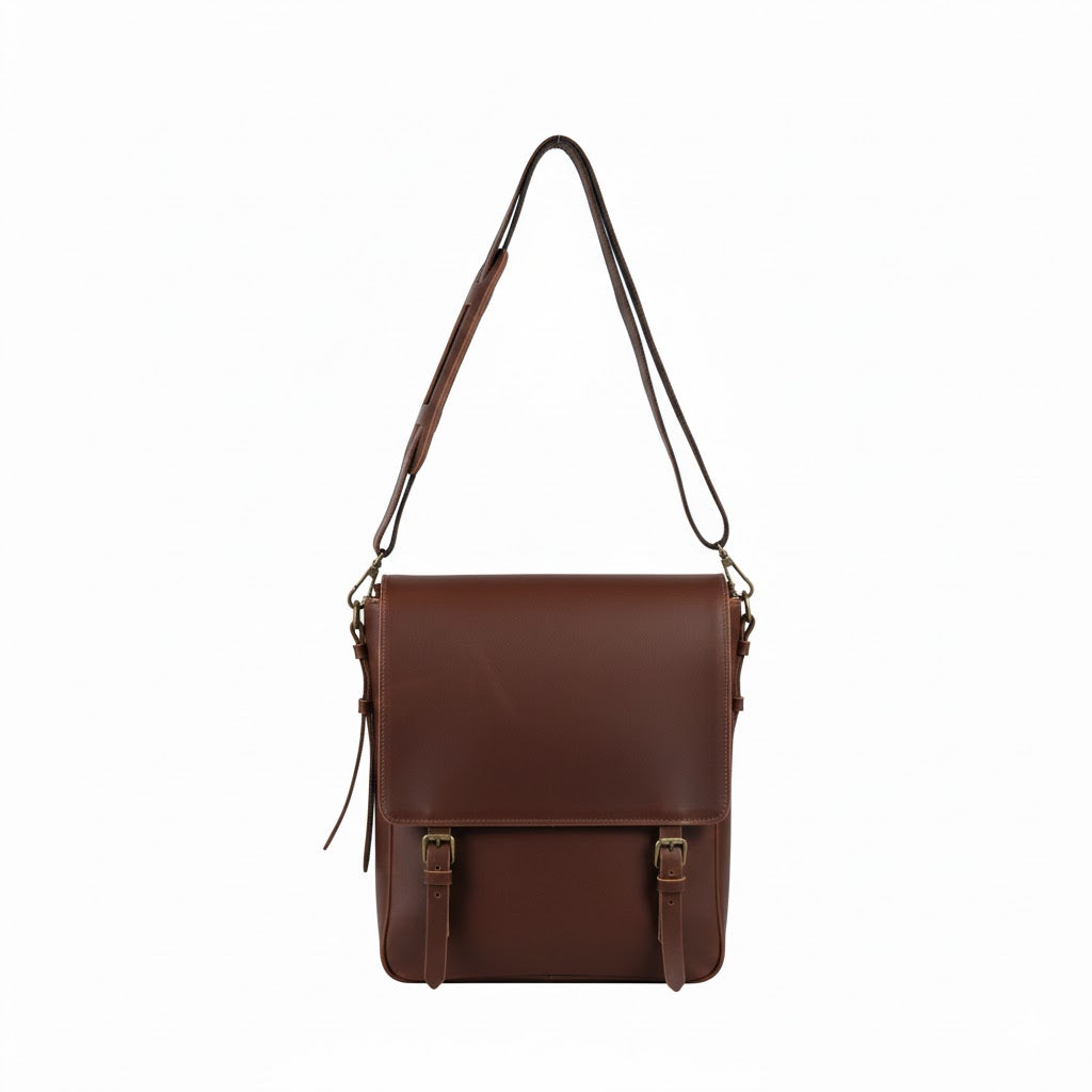 Brown leather satchel bag with a strap on a white background