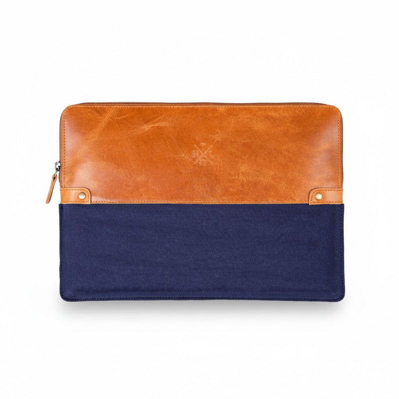 Two-tone brown and navy laptop sleeve on a white background