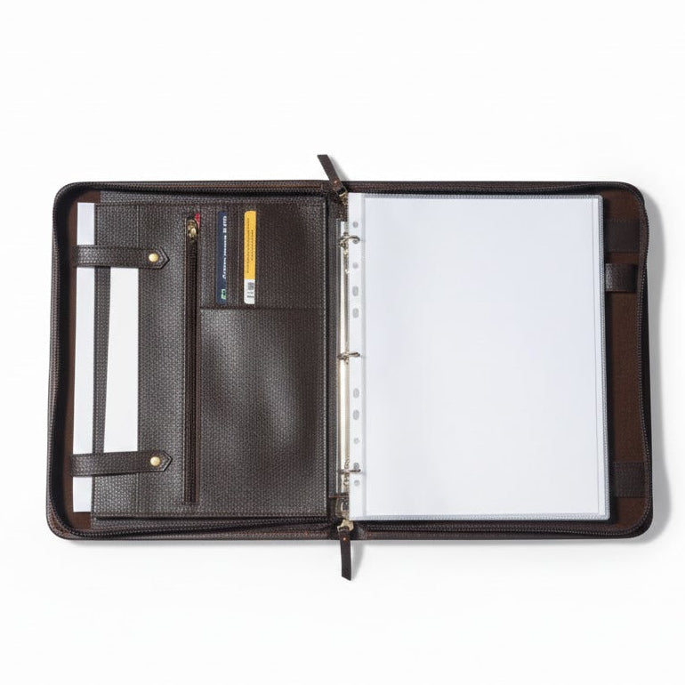 Brown leather portfolio with open pages on a white background