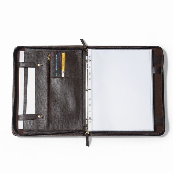 Brown leather portfolio with open pages on a white background