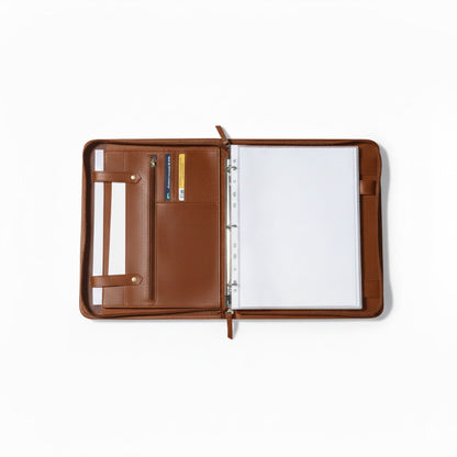 Brown leather portfolio with open design on a white background