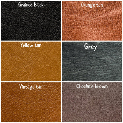 Six leather color swatches labeled with their names.