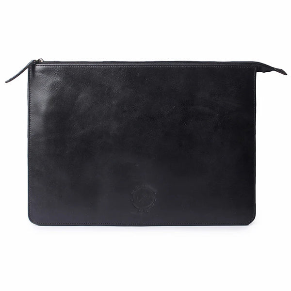 Black leather pouch with a brand logo on a white background